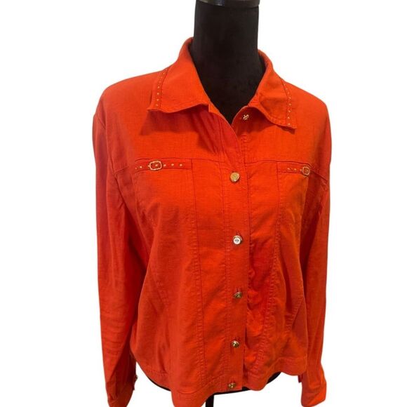 St John Sport Orange Linen Blend Blouse  SJ Buttons Amazing Detail - Picture 5 of 11